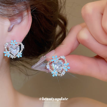 Blue Floral Crystal Heart Cluster Statement Stud Earrings