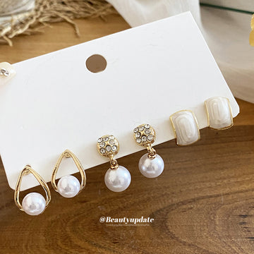 Gold Pearl Rhinestone Stud Earring Set Three Pair Styles
