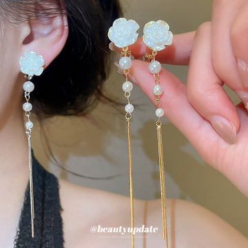 White Flower Pearl Threader Clip-On Earrings with Polished Metal Details
