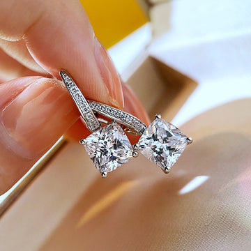 Silver Tone Square Crystal Curved Drop Earrings Polished Metal Jewelry