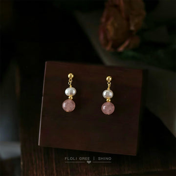 Gold Tone White Pearl And Pink Round Stone Stud Earrings