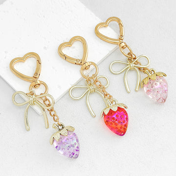Glitter Resin Strawberry Pendant Bag Charm Keychain With Flower