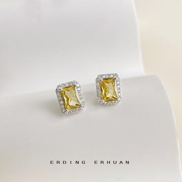 Silver Tone Yellow Rectangle Stone Clear Halo Stud Earrings