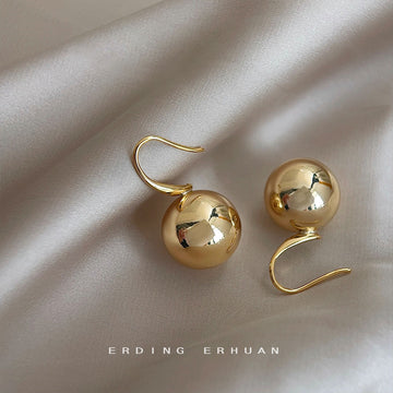 Gold Tone Polished Round Ball Fishhook Drop Earrings