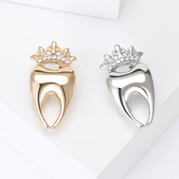 Crowned Tooth Brooch in Silver or Gold Tone with Crystals