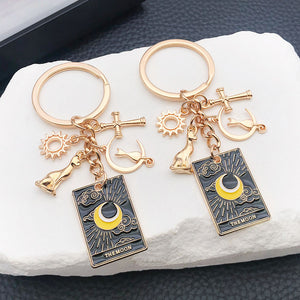 Black Celestial Tarot Cat and Moon Charm Keychain Pair with Gold Tone Hardware