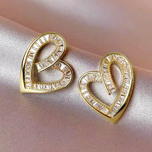 Gold Tone Double Open Heart Crystal Stud Earrings Fashion Jewelry