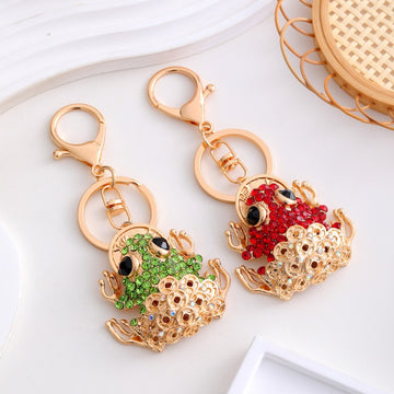 Rhinestone Money Frog Keychain Gold Tone Coin Motif Charm