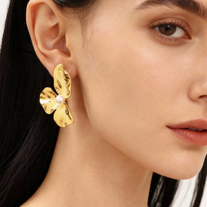 Wavy Shell Pearl Petal Flower Stud Earrings Gold Steel