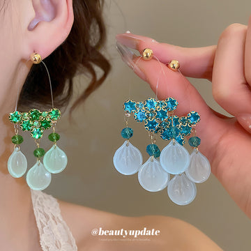 Blue And Green Beaded Disc Tassel Stud Earrings Jewelry Pair