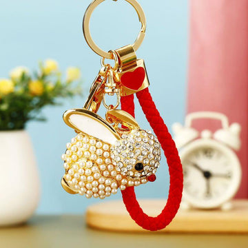 Pearl Accent and Crystal Seated Rabbit Keychains with Braided Loops