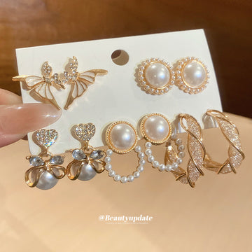 Gold Tone Pearl Flower Rhinestone Stud Earring Multi Style Sets