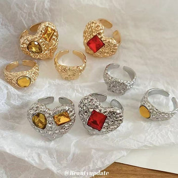Gold Textured Heart Open Ring Four Piece Red Amber Set
