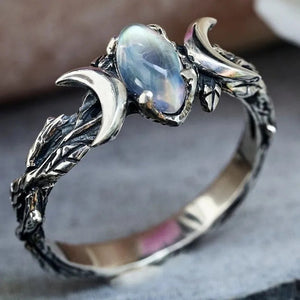 Opalescent Oval Moon Phase Ring In Antiqued Silver Tone