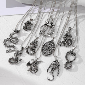 Silver Tone Dragon Pendant Necklaces on Ball Chains in Six Designs
