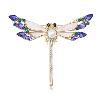 Dragonfly Brooch With Pearl and Blue Green Crystal Wings