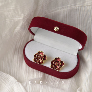 Wine Red Camellia Flower Stud Earrings with Gold Tone Outline