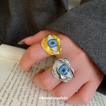 Gold Silver Blue Eyeball Open Ring Irregular Metal Frame