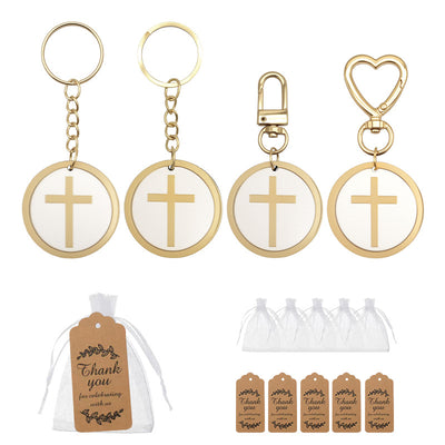 Four gold wood cross disc keychains with organza bags and tags