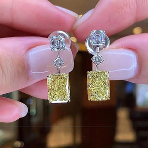Yellow Rectangular Stone Three-Tier Long Drop Earrings In Silver Tone