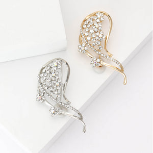 Curved Leaf Brooch with Rhinestone Flower Clusters in Silver or Gold Tone