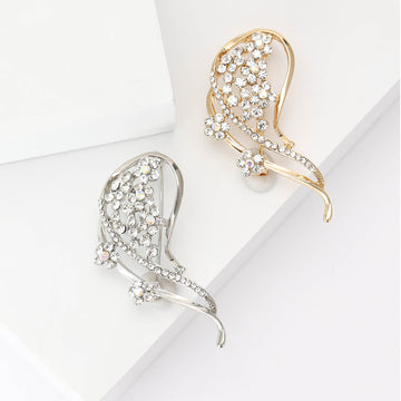 Crystal Curved Leaf Brooch with Polished Metal and Decorative Accents