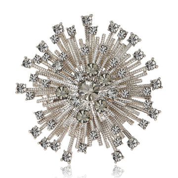 Silver Tone Starburst Brooch with Radiating Clear Crystals