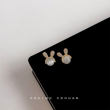 Gold Cat Eye Stone Bunny Ear Crystal Stud Earrings Pair