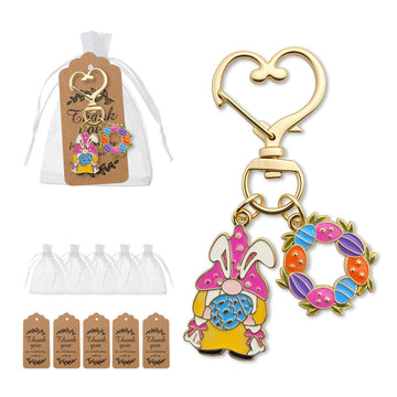 Gold Tone Pink Bunny and Flower Wreath Heart Clasp Charm