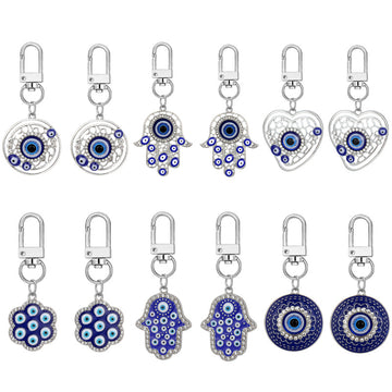 Twelve Piece Silver Tone Hamsa Heart and Evil Eye Keychain Set