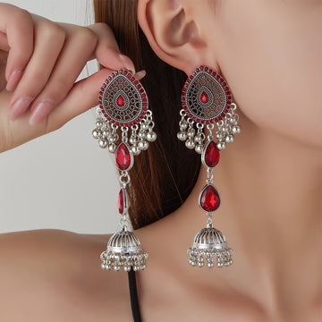 Ornate Teardrop Bell Fringe Long Earrings in Four Colors