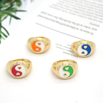 Gold Tone Heart Yin Yang Adjustable Signet Rings in Four Colors