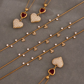 Heart Zircon Station Choker Double Heart Pendant Gold Steel