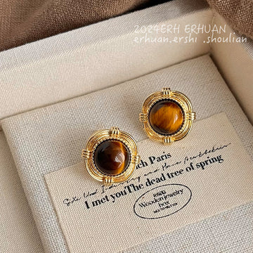Gold Tone Round Stud Earrings Brown Tiger Eye Center