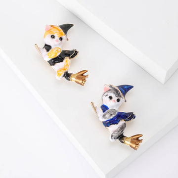 Enamel Witch Cat Riding Broomstick Brooch Two Colors