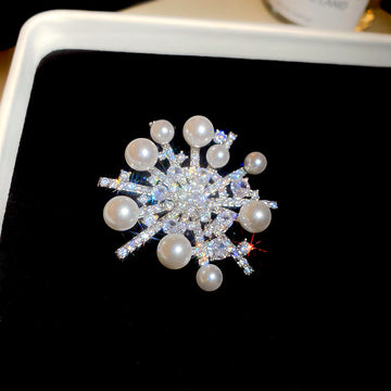 Silver Snowflake Pearl Rhinestone Starburst Brooch Pin