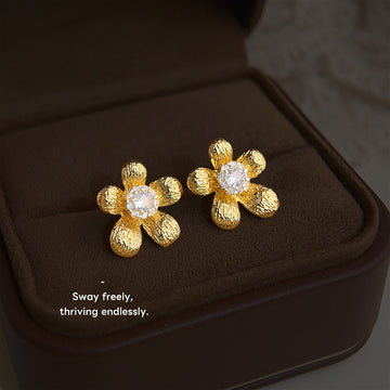 Gold Textured Flower Stud Earrings Clear Crystal Center