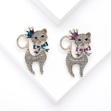 Crystal Cat Brooch With Crown and Blue or Purple Bow