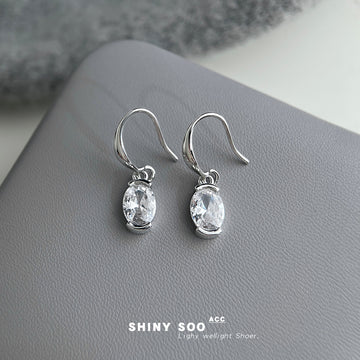 Silver Tone Clear Oval Faceted Stone Fishhook Drop Earrings