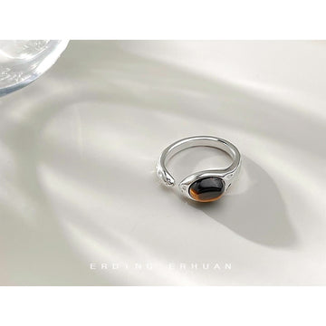 Silver Open Adjustable Ring Oval Tiger Eye Cabochon