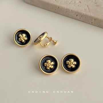 Black Enamel Gold Camellia Round Clip Stud Earrings
