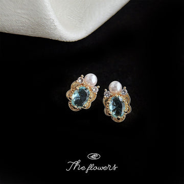 Gold Tone Aqua Oval Stone White Pearl And Clear Stone Stud Earrings