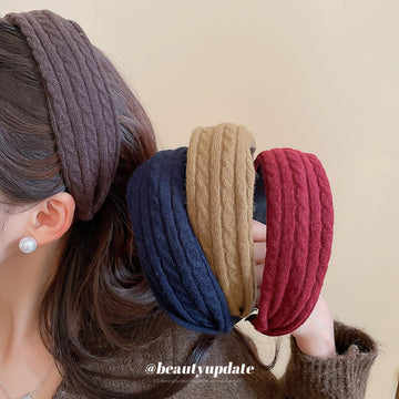 Thick Cable Knit Soft Padded Fabric Headband Navy Blue