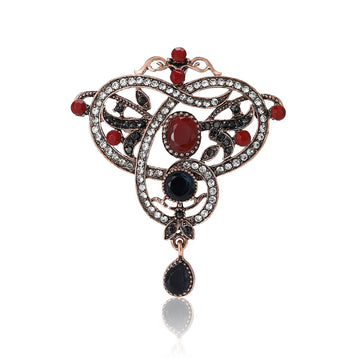 Copper Tone Vintage Openwork Brooch Red Black Stones
