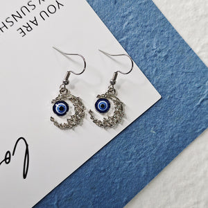 Crescent Moon Evil Eye Drop Earrings with Rhinestones, Steel Hooks