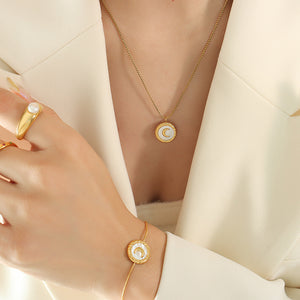 Gold Steel Mother of Pearl Crescent Moon Jewelry Set