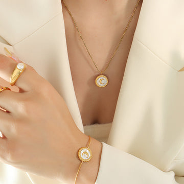 Gold Steel Mother of Pearl Crescent Moon Jewelry Set