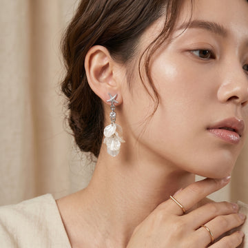 Silver Starfish and White Shell Look Petal Dangle Earrings