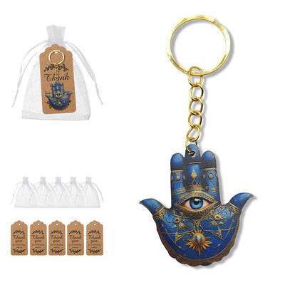 Blue Hamsa hand gold ring wood keychain with organza bags and tags