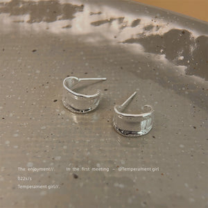 Silver Wide C Shape Half Hoop Stud Earrings Textured